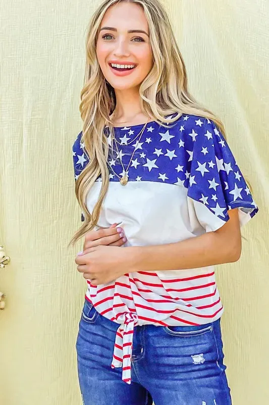 American Flag Print Tie Knot Front Casual Top