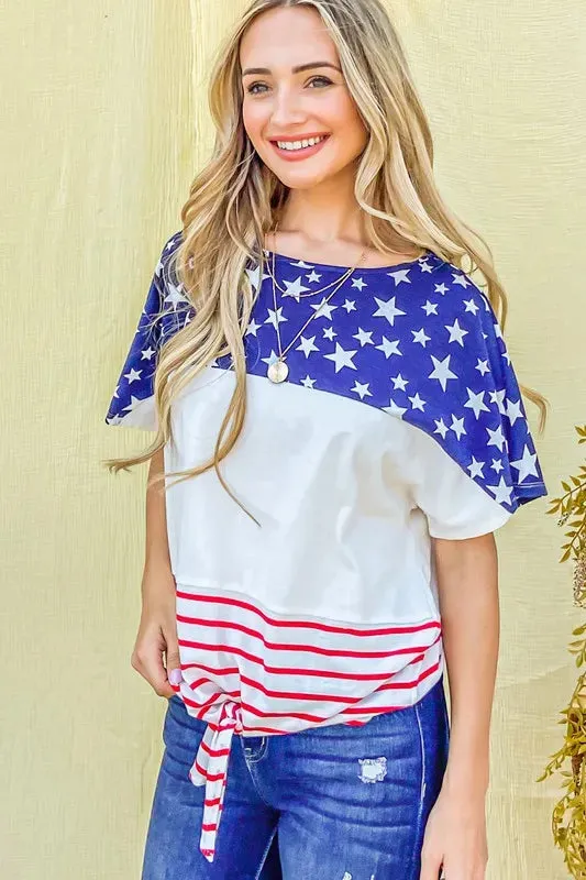 American Flag Print Tie Knot Front Casual Top