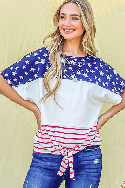 American Flag Print Tie Knot Front Casual Top