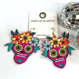 Beaded Sugar Skull Dangle Earrings in Fuchsia