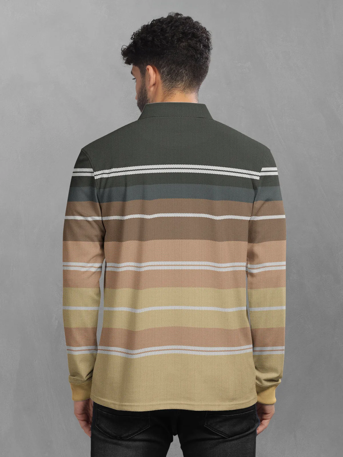 BULLMER Yellow Striped Textured Printed Polo Neck FullSleeve T-shirt With Rib For Men