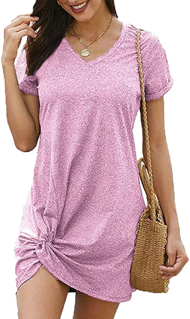 Locryz Women's Summer Twist Knot Tshirt Dresses Casual V Neck Short Sleeve Knot Dress