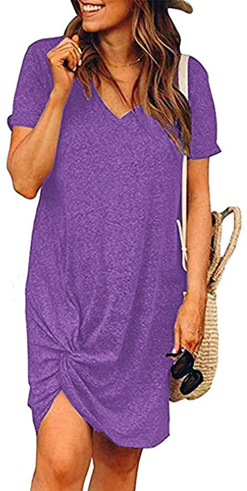 Locryz Women's Summer Twist Knot Tshirt Dresses Casual V Neck Short Sleeve Knot Dress