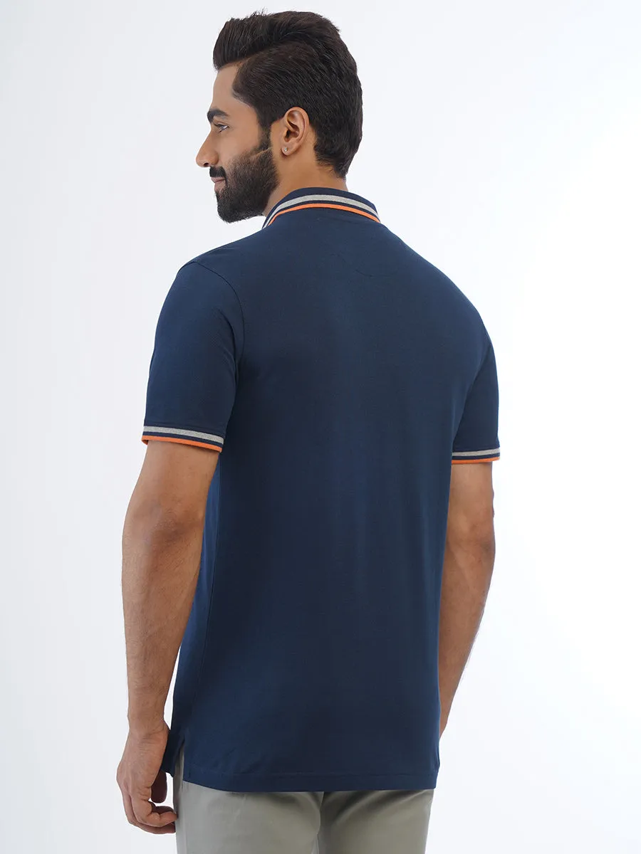 Men Pure Cotton Navy Blue Polo T-Shirt