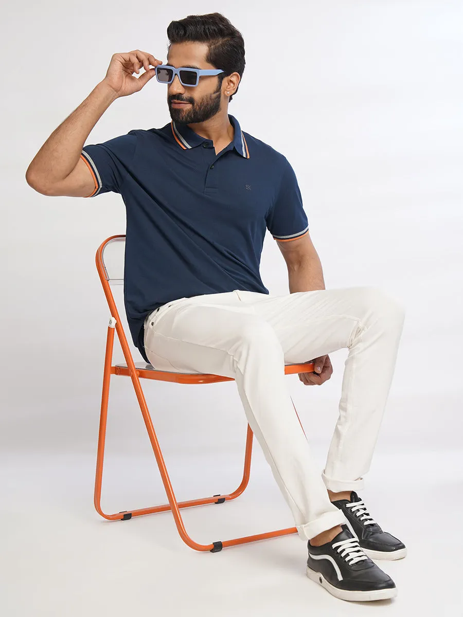 Men Pure Cotton Navy Blue Polo T-Shirt