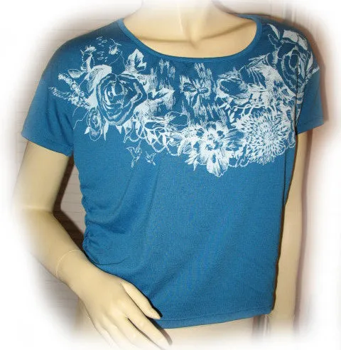 NEW Women BLUE Short Sleeve White Floral Flowers Print Printed T-Shirt TOP Shirt Casual Clothing
