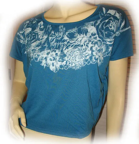 NEW Women BLUE Short Sleeve White Floral Flowers Print Printed T-Shirt TOP Shirt Casual Clothing
