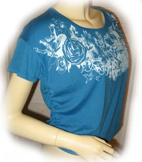 NEW Women BLUE Short Sleeve White Floral Flowers Print Printed T-Shirt TOP Shirt Casual Clothing