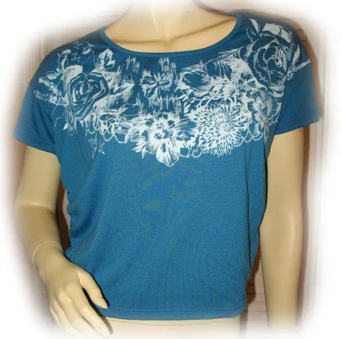 NEW Women BLUE Short Sleeve White Floral Flowers Print Printed T-Shirt TOP Shirt Casual Clothing