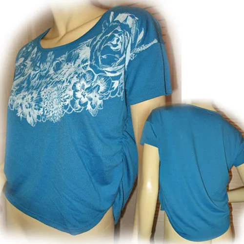 NEW Women BLUE Short Sleeve White Floral Flowers Print Printed T-Shirt TOP Shirt Casual Clothing