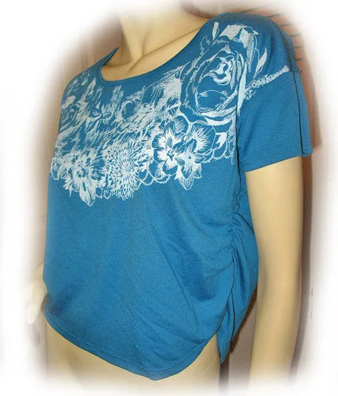 NEW Women BLUE Short Sleeve White Floral Flowers Print Printed T-Shirt TOP Shirt Casual Clothing