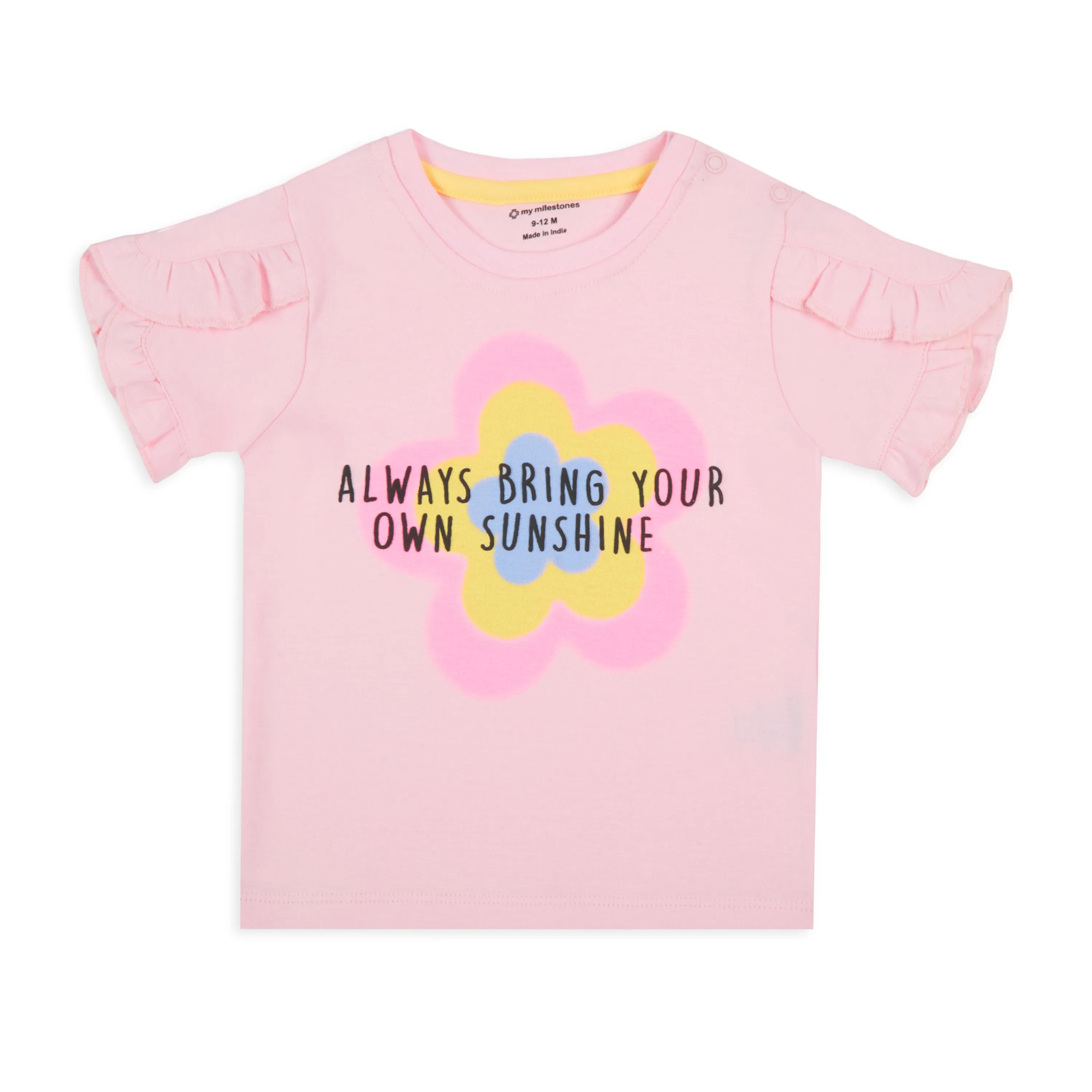 Puff Printed Ruffle Sleeves Tee With Chambray Short - Pink & Blue