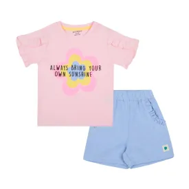 Puff Printed Ruffle Sleeves Tee With Chambray Short - Pink & Blue