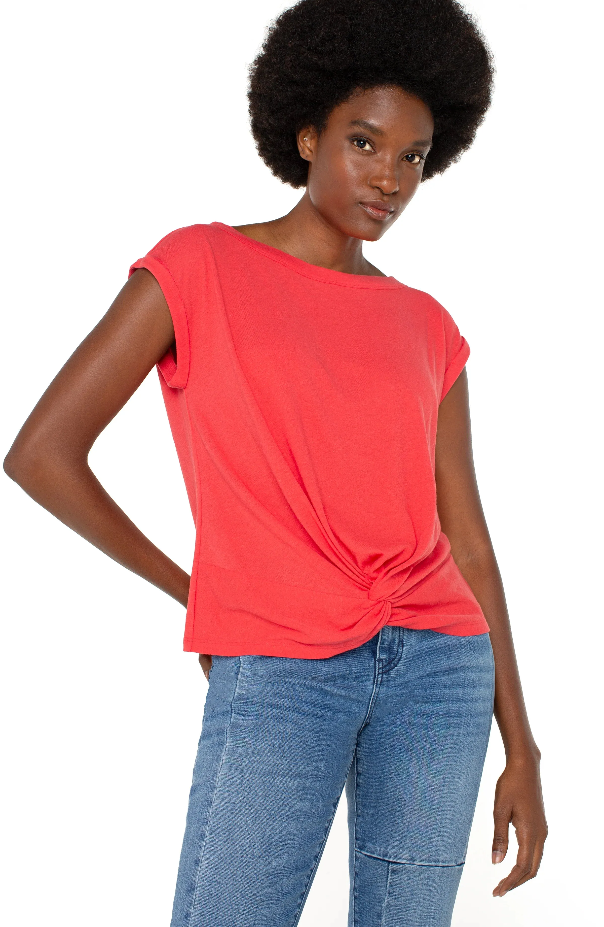 Short Sleeve Boat Neck Knot Front Knit Top