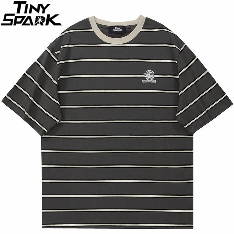 Streetwear Retro Striped T-Shirt - Harajuku Cotton Casual Men's Tee