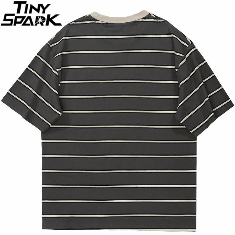 Streetwear Retro Striped T-Shirt - Harajuku Cotton Casual Men's Tee