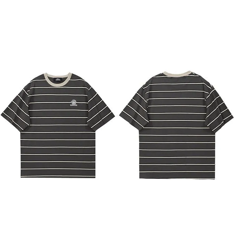 Streetwear Retro Striped T-Shirt - Harajuku Cotton Casual Men's Tee