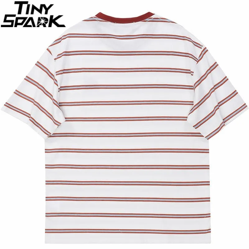 Streetwear Retro Striped T-Shirt - Harajuku Cotton Casual Men's Tee