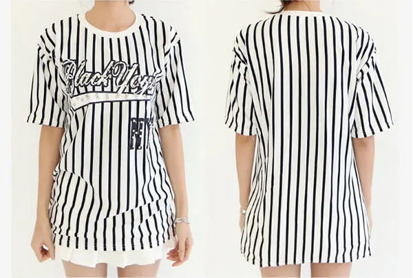 T-Shirt Striped Short Sleeved Beaded Letter