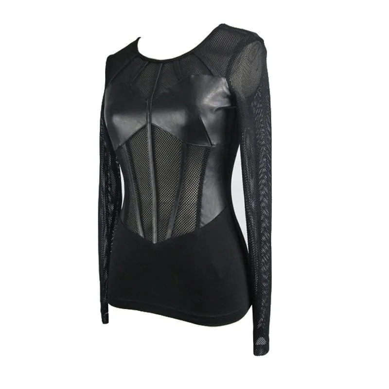 Women's Net and Faux Leather Punk Goth T-shirt
