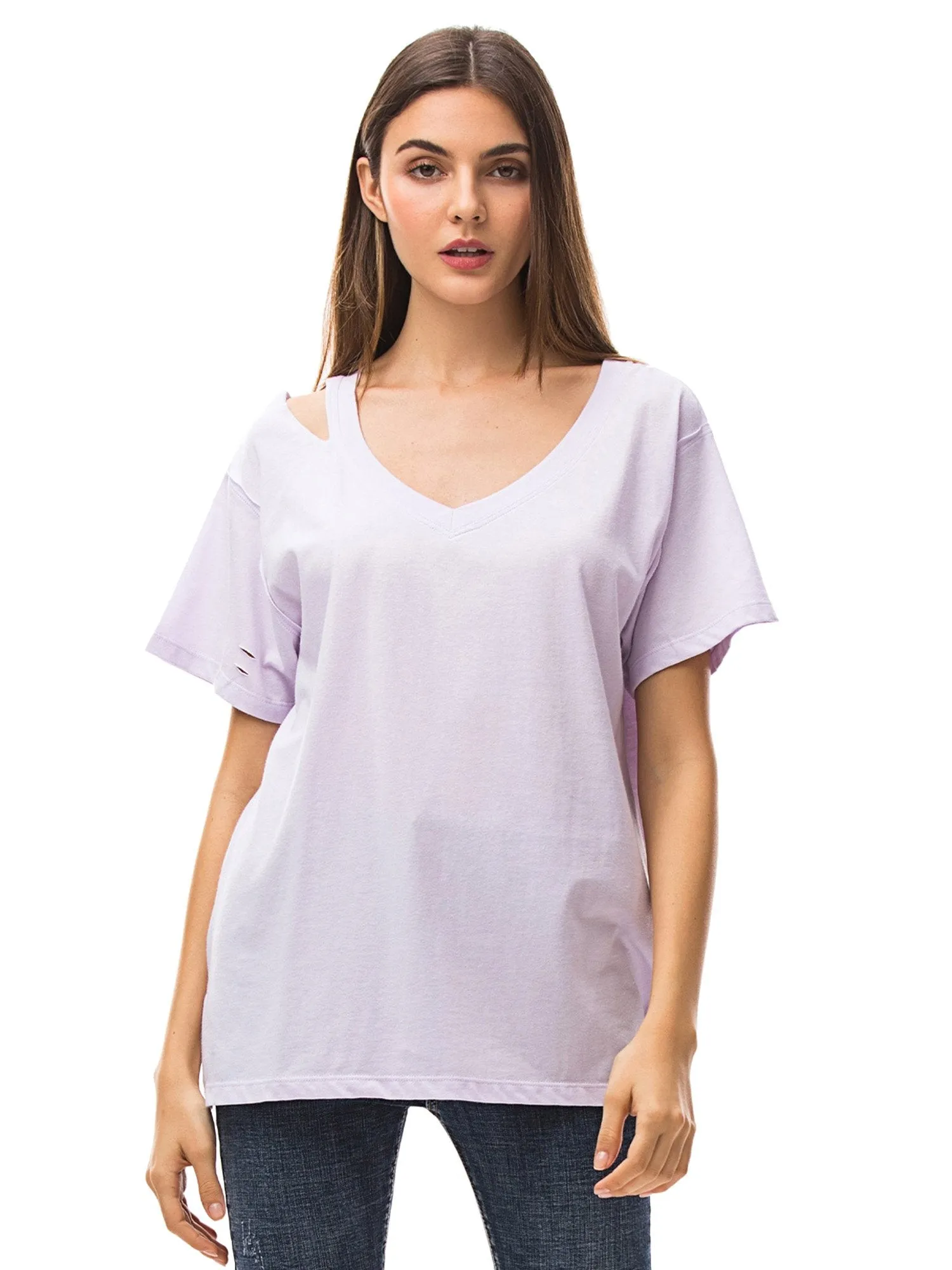 Womens V Neck T Shirts Loose Fitting Short Sleeve Cotton Cold Shoulder Casual Tops