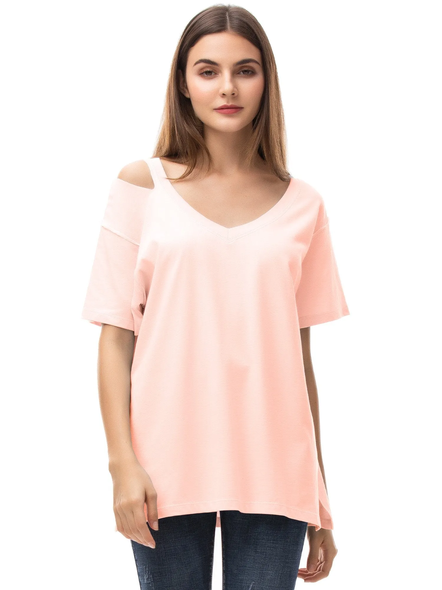 Womens V Neck T Shirts Loose Fitting Short Sleeve Cotton Cold Shoulder Casual Tops