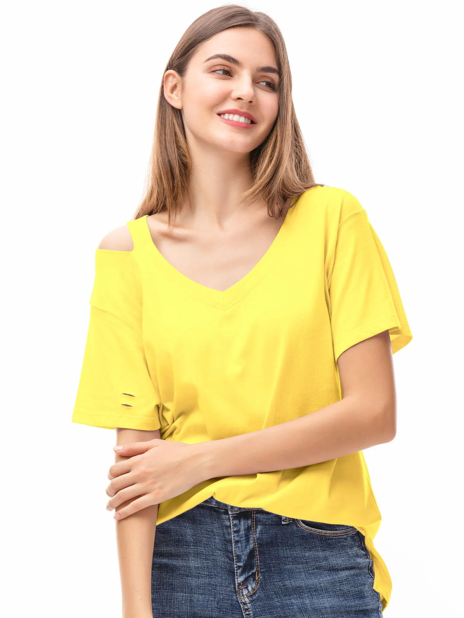 Womens V Neck T Shirts Loose Fitting Short Sleeve Cotton Cold Shoulder Casual Tops